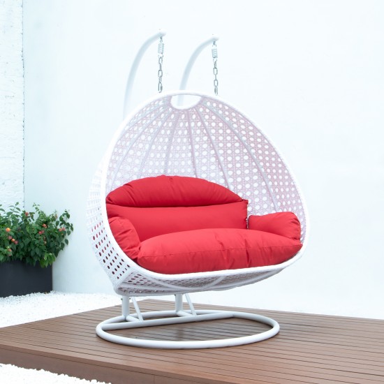 LeisureMod White Wicker Hanging 2 person Egg Swing Chair, Red, ESCW-57R