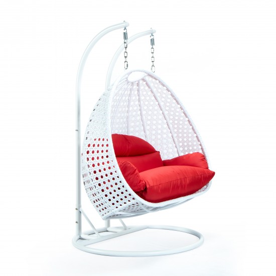 LeisureMod White Wicker Hanging 2 person Egg Swing Chair, Red, ESCW-57R