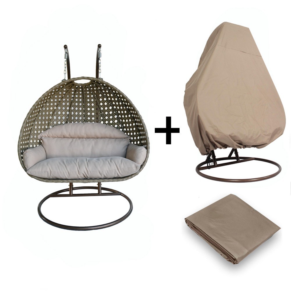 Wicker Hanging 2 person Egg Swing Chair With Outdoor Cover, Beige, ESC57BG-C