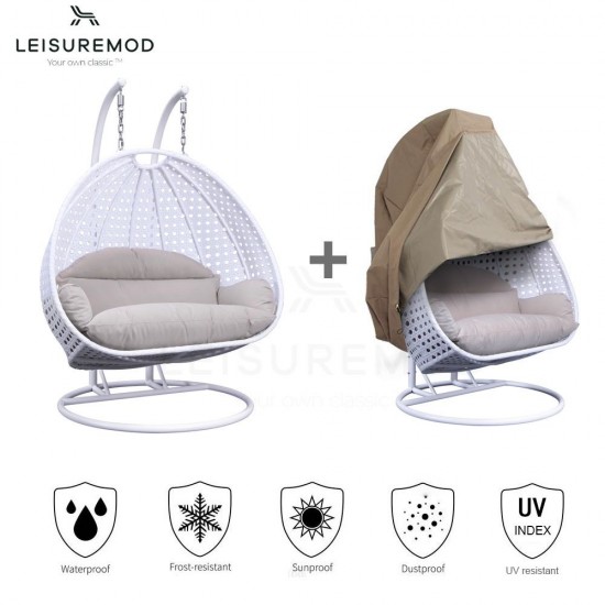 Hanging 2 person Egg Swing Chair, Outdoor Cover, White / Beige, ESC57WBG-C