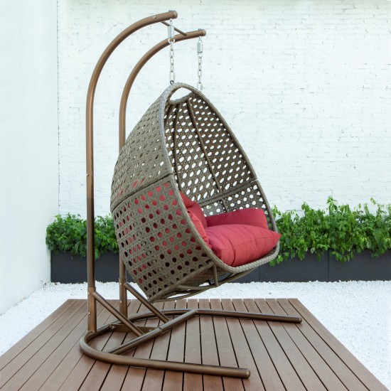 LeisureMod Wicker Hanging Double Egg Swing Chair , Dark Red, EKDBG-57DR