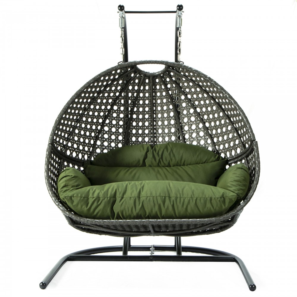 LeisureMod Wicker Hanging Double Egg Swing Chair , Dark Green, EKDCH-57DG