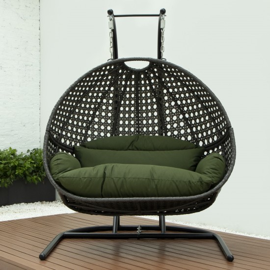 LeisureMod Wicker Hanging Double Egg Swing Chair , Dark Green, EKDCH-57DG