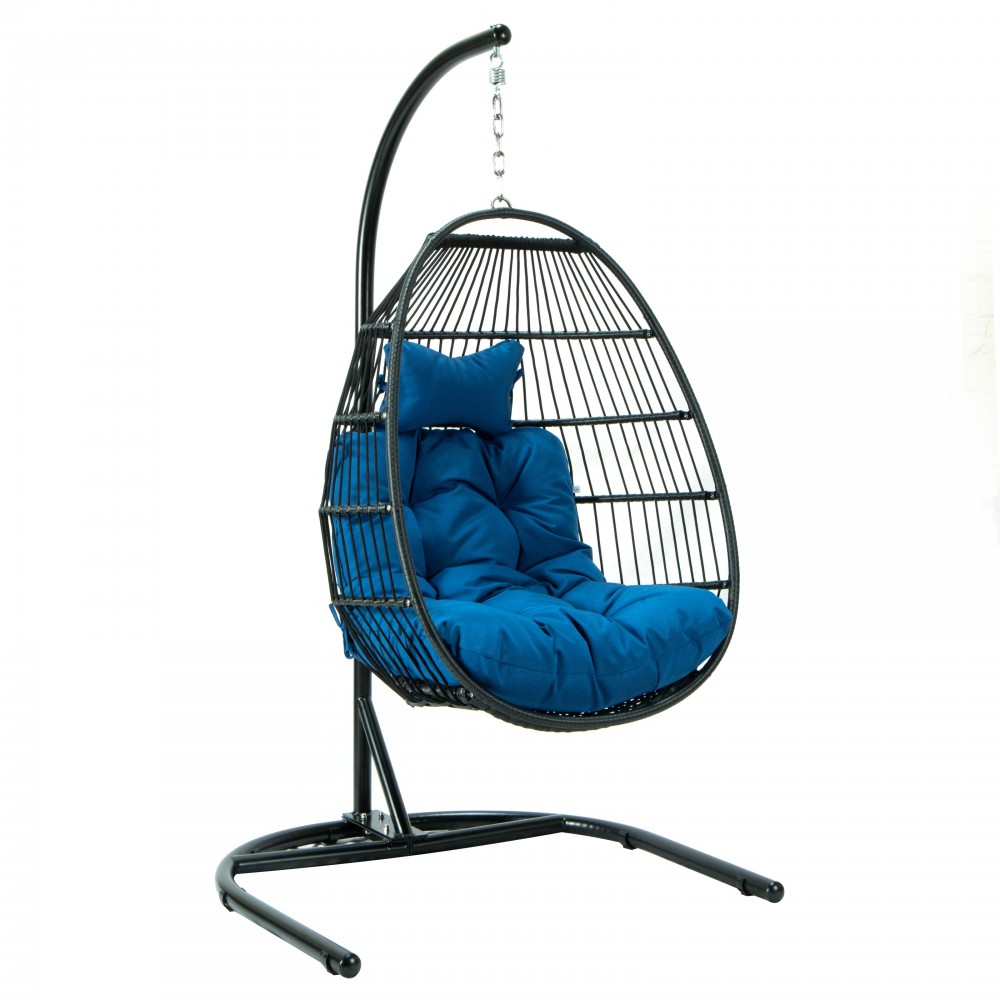 LeisureMod Wicker Folding Hanging Egg Swing Chair, Blue, ESCF40BU