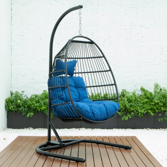 LeisureMod Wicker Folding Hanging Egg Swing Chair, Blue, ESCF40BU