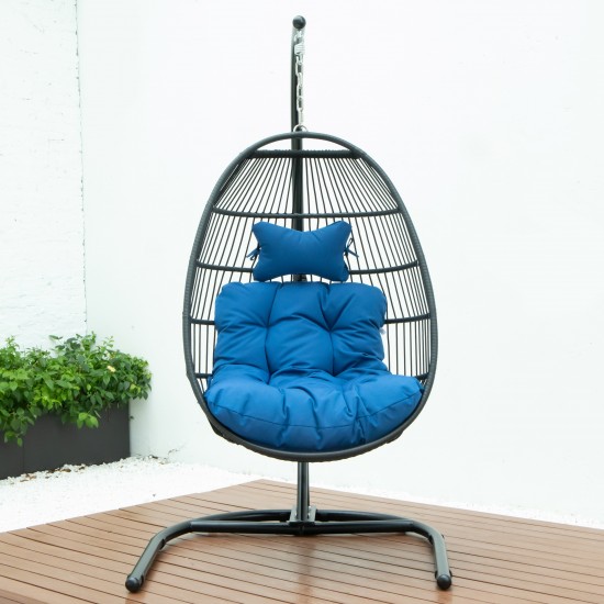 LeisureMod Wicker Folding Hanging Egg Swing Chair, Blue, ESCF40BU