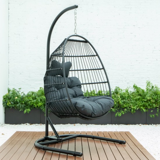 LeisureMod Wicker Folding Hanging Egg Swing Chair, Charcoal, ESCF40CH