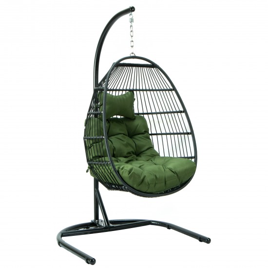 LeisureMod Wicker Folding Hanging Egg Swing Chair, Dark Green, ESCF40DG