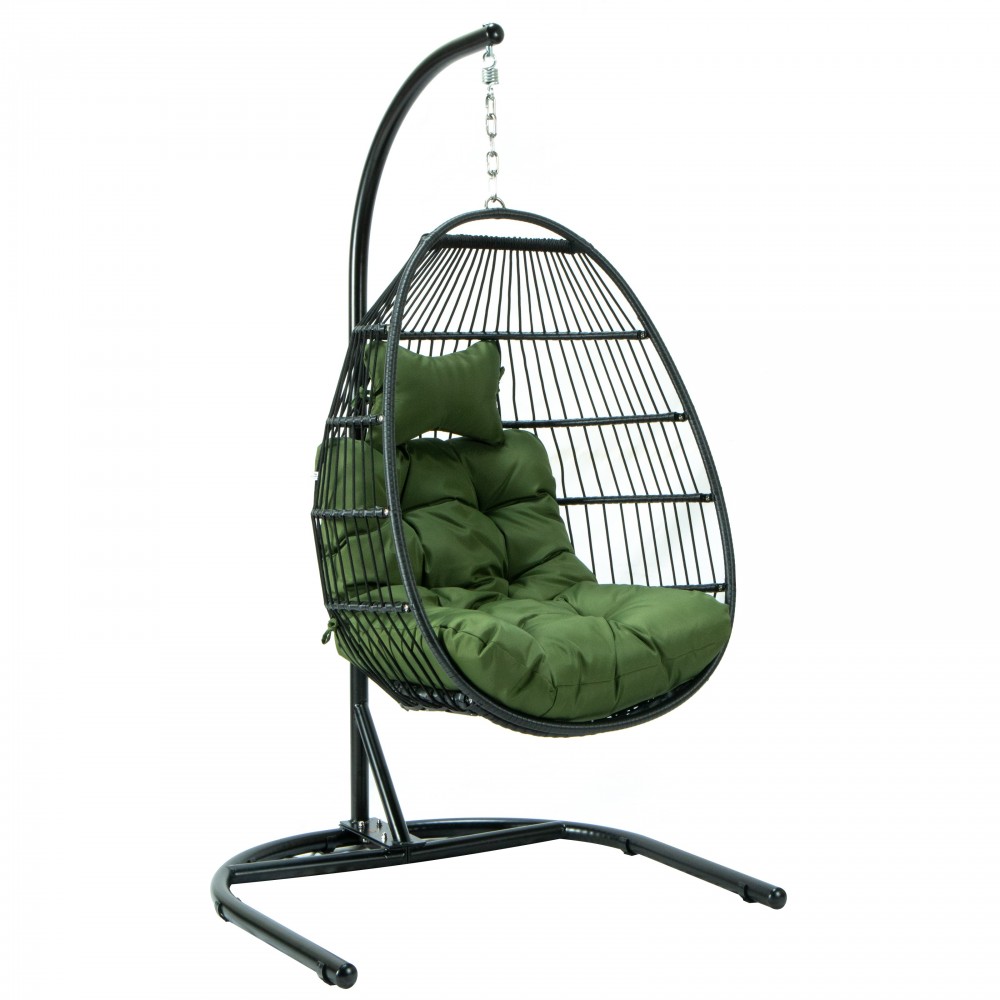 LeisureMod Wicker Folding Hanging Egg Swing Chair, Dark Green, ESCF40DG