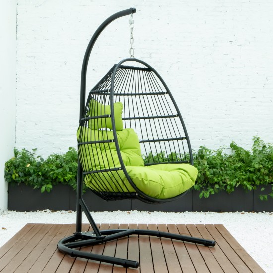 LeisureMod Wicker Folding Hanging Egg Swing Chair, Light Green, ESCF40LG