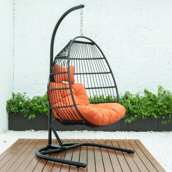 LeisureMod Wicker Folding Hanging Egg Swing Chair, Orange, ESCF40OR