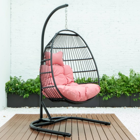 LeisureMod Wicker Folding Hanging Egg Swing Chair, Pink, ESCF40PK