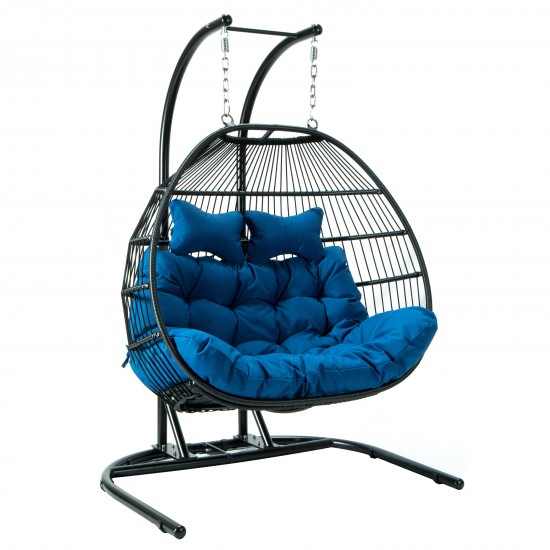 Wicker 2 Person Double Folding Hanging Egg Swing Chair, Blue, ESCF52BU