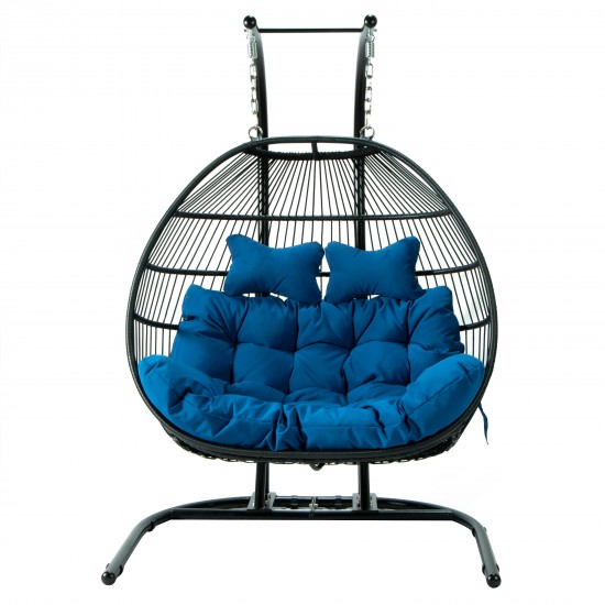 Wicker 2 Person Double Folding Hanging Egg Swing Chair, Blue, ESCF52BU