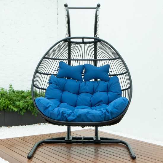 Wicker 2 Person Double Folding Hanging Egg Swing Chair, Blue, ESCF52BU