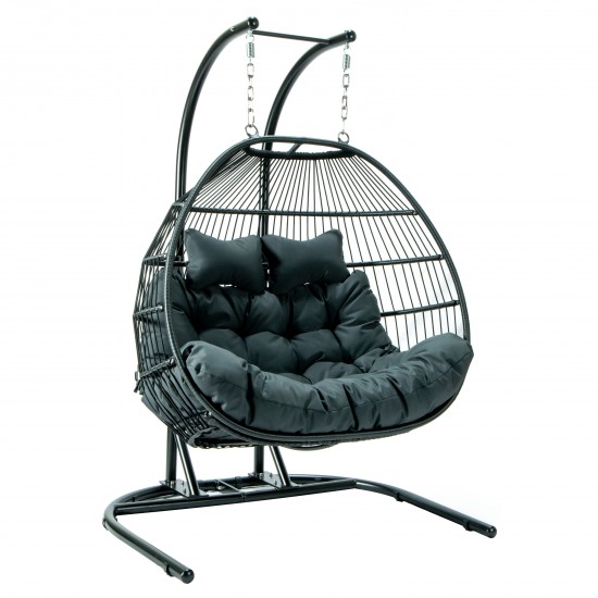 Wicker 2 Person Double Folding Hanging Egg Swing Chair, Charcoal, ESCF52CH