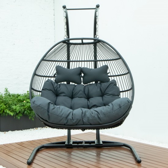 Wicker 2 Person Double Folding Hanging Egg Swing Chair, Charcoal, ESCF52CH