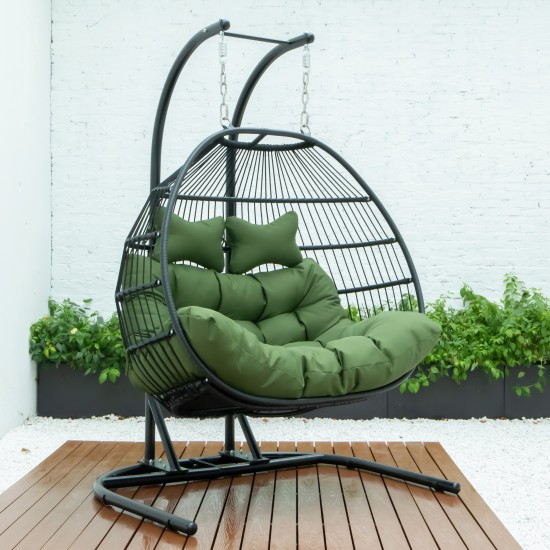 Wicker 2 Person Double Folding Hanging Egg Swing Chair, Dark Green, ESCF52DG