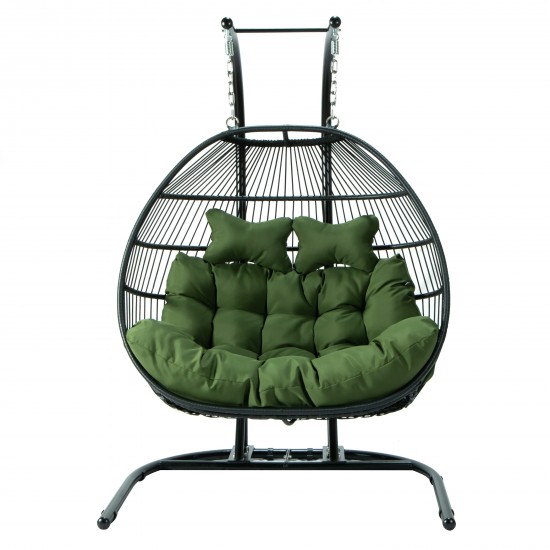 Wicker 2 Person Double Folding Hanging Egg Swing Chair, Dark Green, ESCF52DG