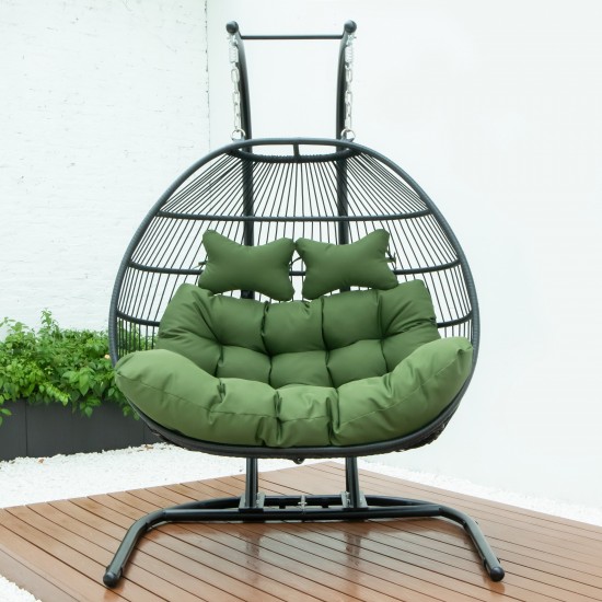 Wicker 2 Person Double Folding Hanging Egg Swing Chair, Dark Green, ESCF52DG