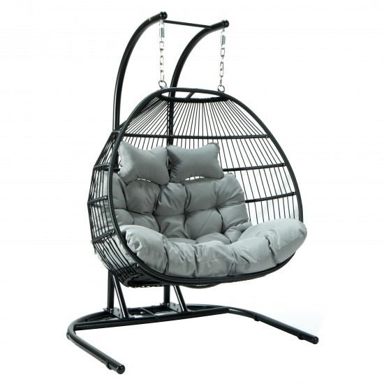 Wicker 2 Person Double Folding Hanging Egg Swing Chair, Light Grey, ESCF52LGR