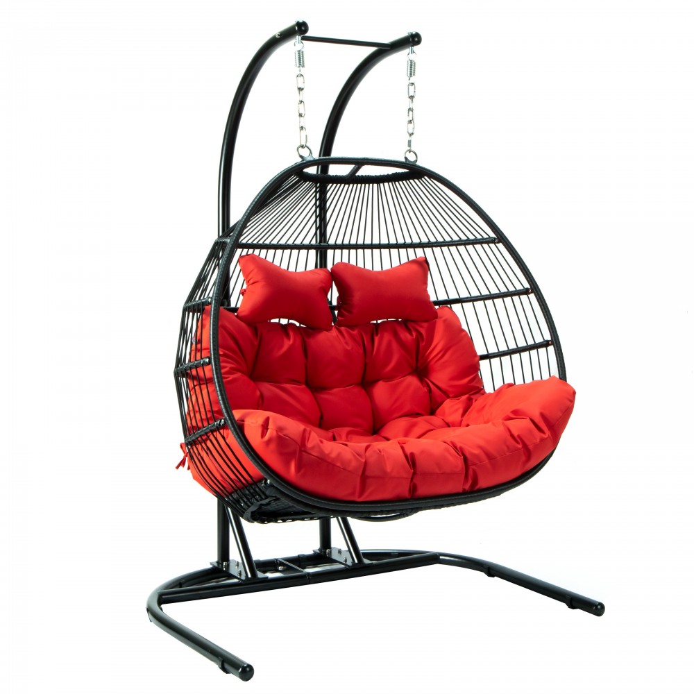 LeisureMod Wicker 2 Person Double Folding Hanging Egg Swing Chair, Red , ESCF52R