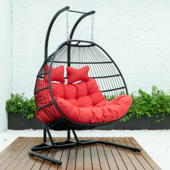 LeisureMod Wicker 2 Person Double Folding Hanging Egg Swing Chair, Red , ESCF52R