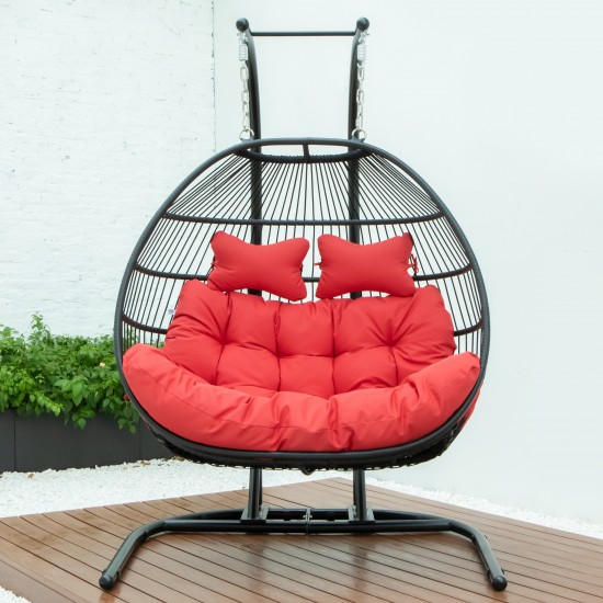 LeisureMod Wicker 2 Person Double Folding Hanging Egg Swing Chair, Red , ESCF52R