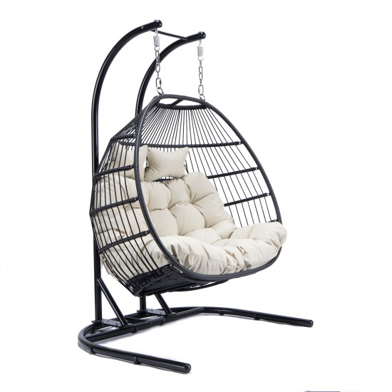 Wicker 2 Person Double Folding Hanging Egg Swing Chair, Beige, ESCF52BG