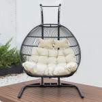 Wicker 2 Person Double Folding Hanging Egg Swing Chair, Beige, ESCF52BG