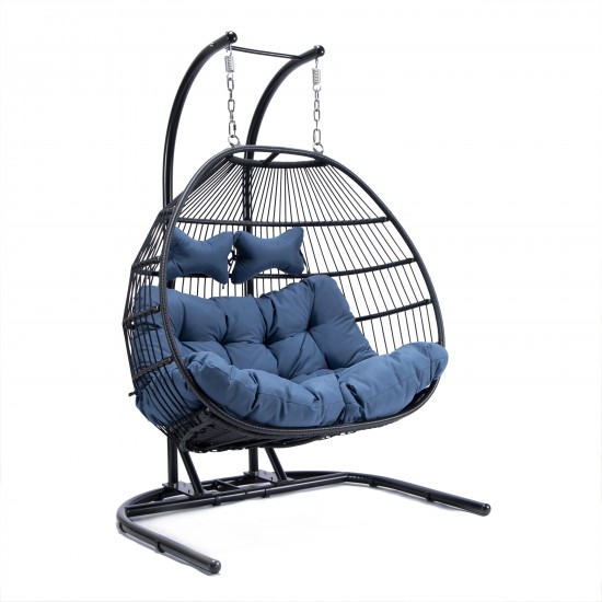 Wicker 2 Person Double Folding Hanging Egg Swing Chair, Navy Blue, ESCF52NBU