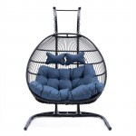 Wicker 2 Person Double Folding Hanging Egg Swing Chair, Navy Blue, ESCF52NBU