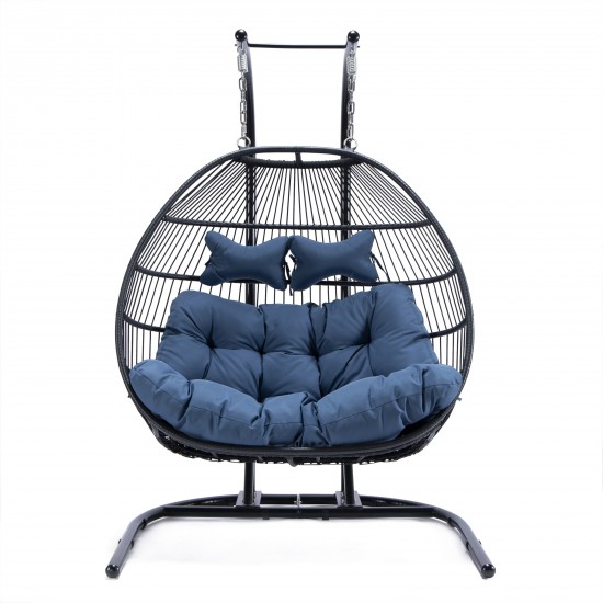 Wicker 2 Person Double Folding Hanging Egg Swing Chair, Navy Blue, ESCF52NBU