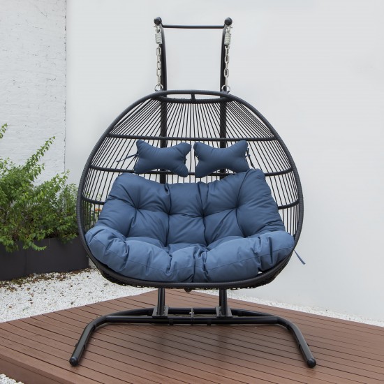 Wicker 2 Person Double Folding Hanging Egg Swing Chair, Navy Blue, ESCF52NBU