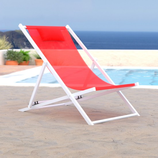 LeisureMod Sunset Outoor Sling Lounge Chair With Headrest, Red , SLC22R