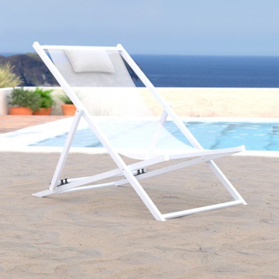 LeisureMod Sunset Outoor Sling Lounge Chair With Headrest, White , SLC22W