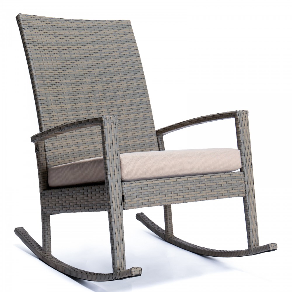 LeisureMod Duval Outdoor Wicker Rocking Chairs With Cushion, Beige, DR27BG