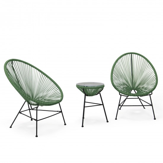 Montara 3 Piece Outdoor Lounge Patio Chair, Glass Top Table, Dark Green, MCT29DG