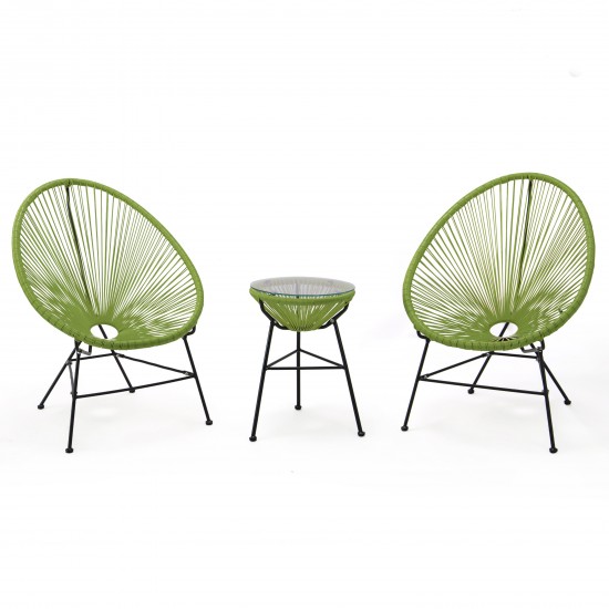 3 Piece Outdoor Lounge Patio Chair, Glass Top Table, Light Green, MCT29LG