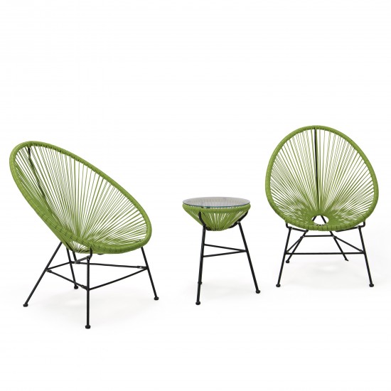 3 Piece Outdoor Lounge Patio Chair, Glass Top Table, Light Green, MCT29LG