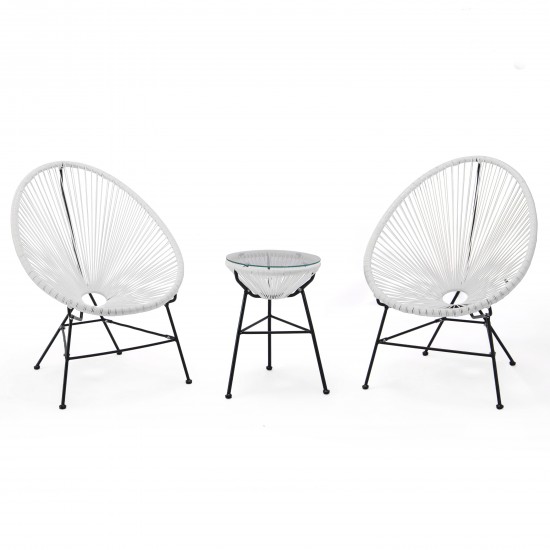 Montara 3 Piece Outdoor Lounge Patio Chair, Glass Top Table, White, MCT29W