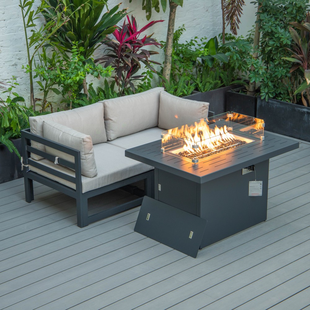 3-Pc Sectional Loveseat & Fire Pit Table Set Black Aluminum, Beige, CSFCBL-2BG 3-Pc Sectional Loveseat & Fire Pit Table Set Black Aluminum, Beige, CSFCBL-2BG