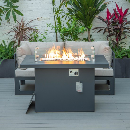 3-Pc Sectional Loveseat & Fire Pit Table Set Black Aluminum, Beige, CSFCBL-2BG