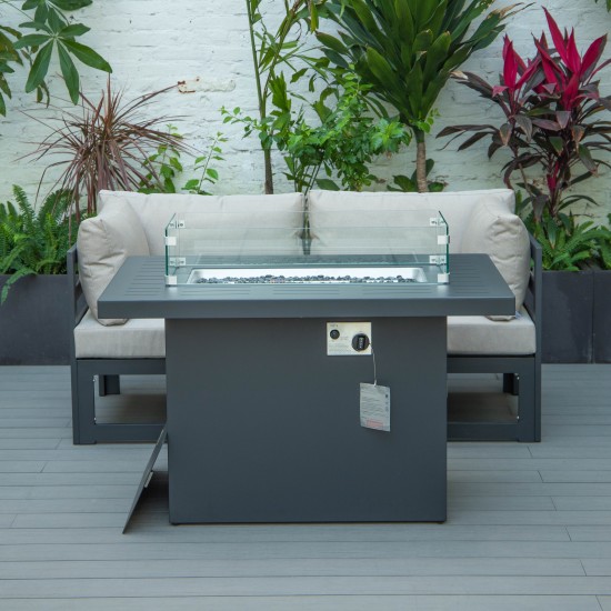 3-Pc Sectional Loveseat & Fire Pit Table Set Black Aluminum, Beige, CSFCBL-2BG