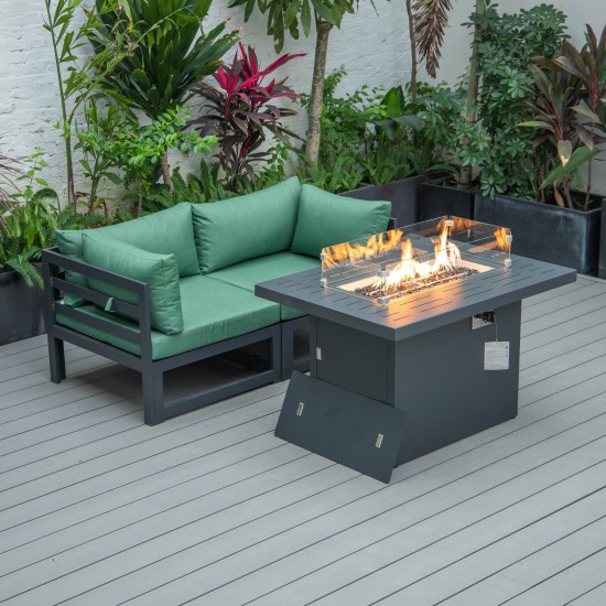 3-Pc Sectional Loveseat & Fire Pit Table Set Black Aluminum, Green, CSFCBL-2G