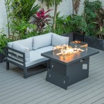 3-Pc Sectional Loveseat & Fire Pit Table Set Black Aluminum, Grey, CSFCBL-2LGR