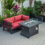 3-Pc Sectional Loveseat & Fire Pit Table Set Black Aluminum, Red, CSFCBL-2R