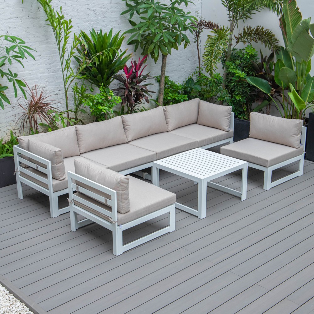 Chelsea 7-Pc Patio Sectional & Coffee Table Set White Aluminum, Beige, CSTW-7BG Chelsea 7-Pc Patio Sectional & Coffee Table Set White Aluminum, Beige, CSTW-7BG