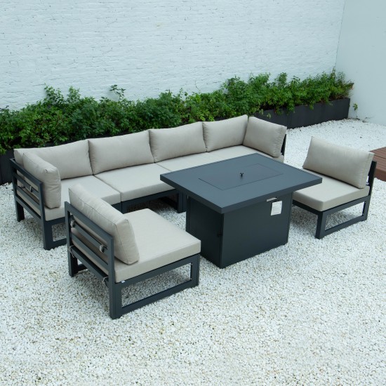 Chelsea 7-Pc Patio Sectional And Fire Pit Table Black Aluminum, Beige, CSFBL-7BG