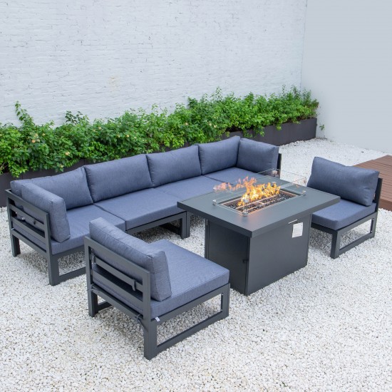 Chelsea 7-Pc Patio Sectional And Fire Pit Table Black Aluminum, Blue, CSFBL-7BU